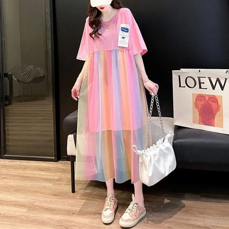 Casual Patch Designs Dresses Summer New Stylish Gauze Rainbow Color Spliced Women\'s Clothing A-Line Korean Round Neck Midi Dress