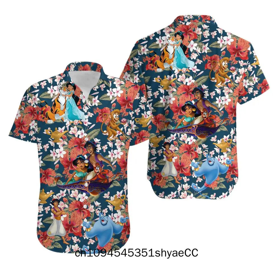 Disney Aladdin and Jasmine Princess Hawaiian Shirt Men's Women's Kids Short Sleeve Shirts Disney Hawaiian Shirts Beach Shirts