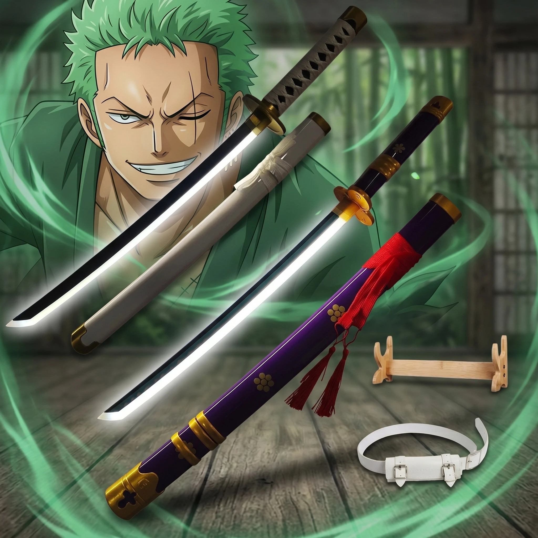 Espada Katana LED de Zoro de One Piece de 40 Pulgadas, Cuchillo Ninja, Set con Soporte y Cinturón, Seguro, Sin Afilar, para Cosplay, Exhibición y Atrezzo Fotográfico