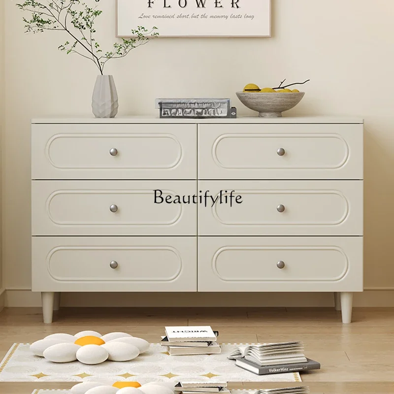 

Cream wind solid wood eight-bucket cabinet Modern simple drawer integrated storage chest against the wall