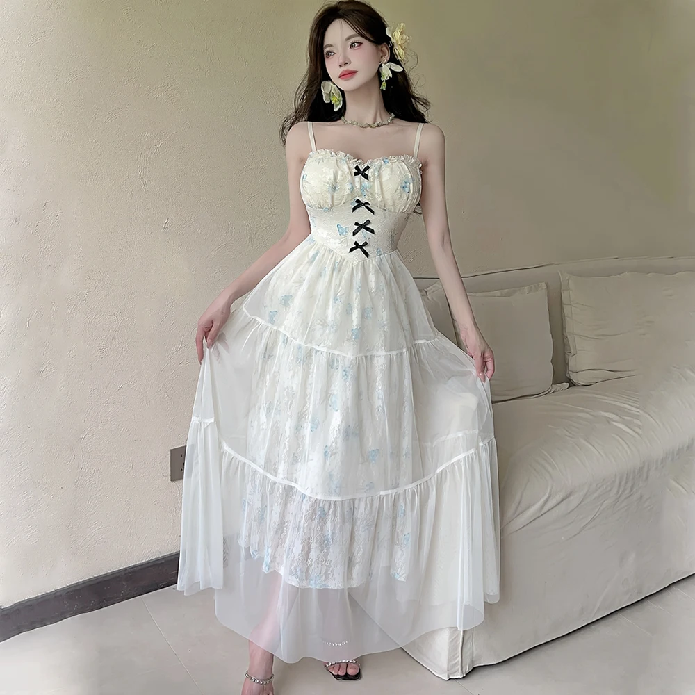 2025 ภาษาฝรั่งเศสคําVINTAGEเซ็กซี่Backlessโบว์ตาข่ายสปาเก็ตตี้ชุดเก๋ฤดูร้อนชายหาดFairycore Vestidosวันหยุดเสื้อผ้าผู้หญิง