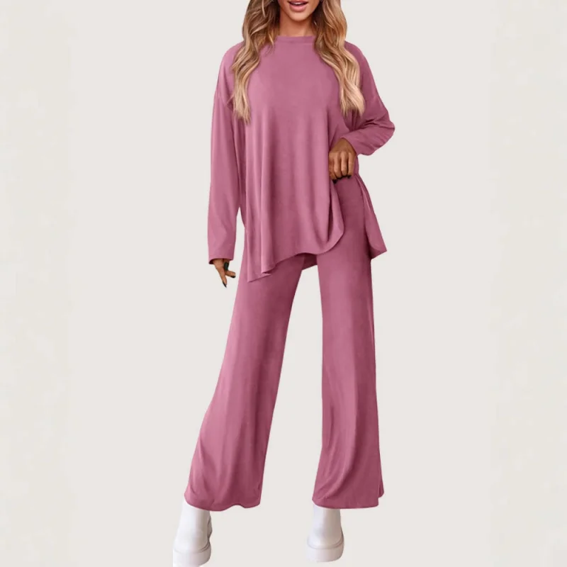 

Spring Autumn Casual Suit Women's Solid Color Round Neck Long Sleeve Wide Leg Pants Sports Home Wear European and American S