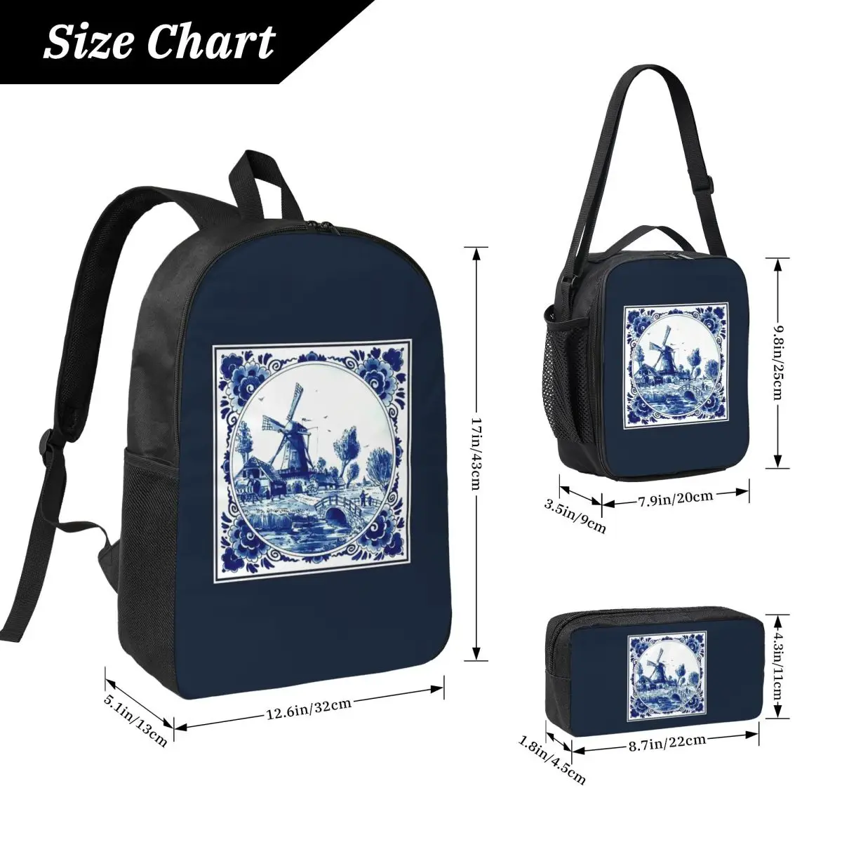 DUTCH BLUE DELFT Vintage Windmill And Bridge Print Backpack BookBag School Bag Computer Shoulder Bags 3ps Lunch Bag Pencil Case
