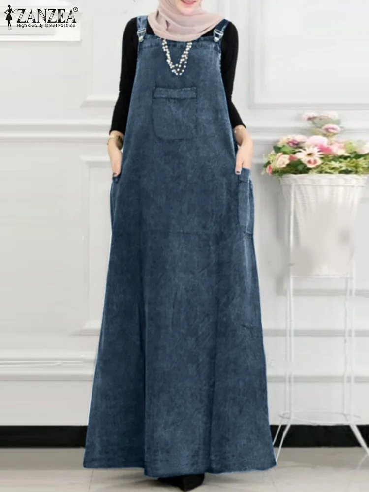 ZANZEA Denim Casual Suspender Vestidos Sleeveless Eid Mubarak Ramadan Straps Muslim Islamic Abaya Robes Women Hijab Maxi Dress