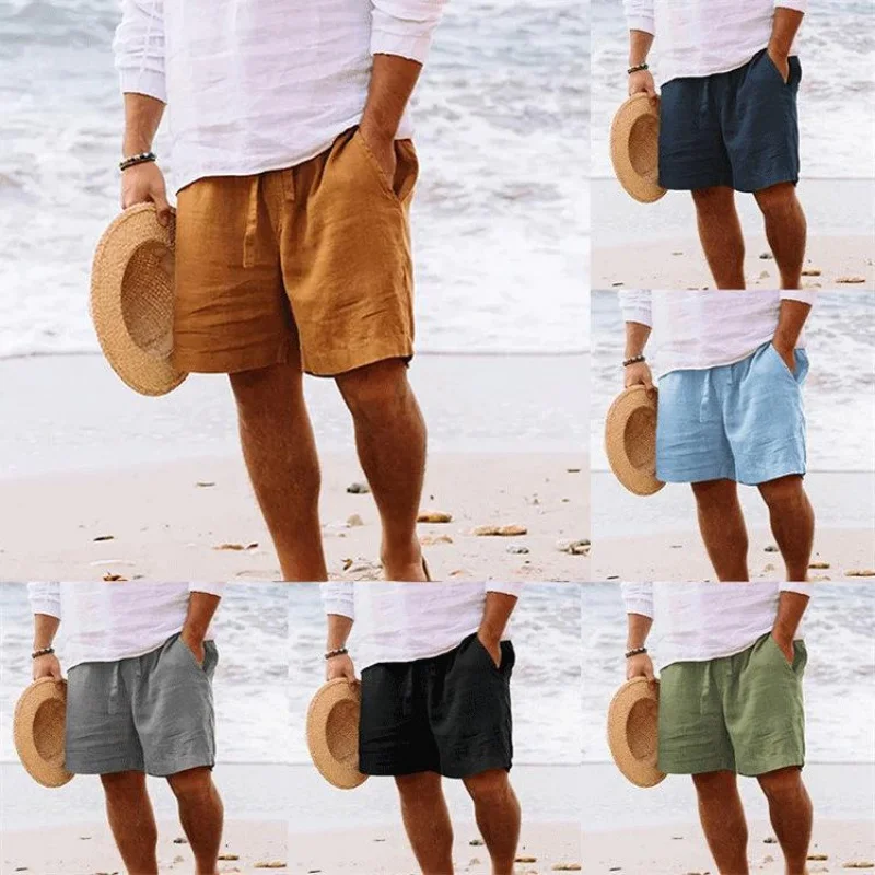 Men\'s Summer Cotton Linen Shorts Drawstring Elastic Waist Straight Leg Solid Color Breathable Beach Five-Point Bermuda Shorts