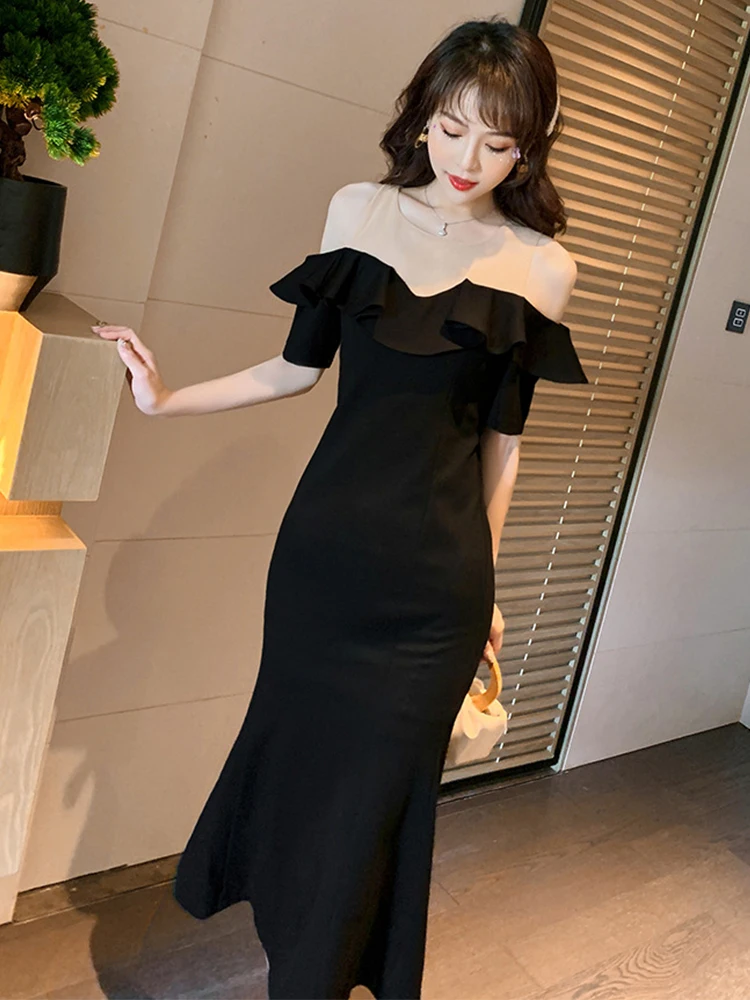 Retro Sexy Dresses For Women Perspective Mesh Spliced Off The Shoudler Ruffles Short Sleeve Midi Hip Package Evening Party Robe