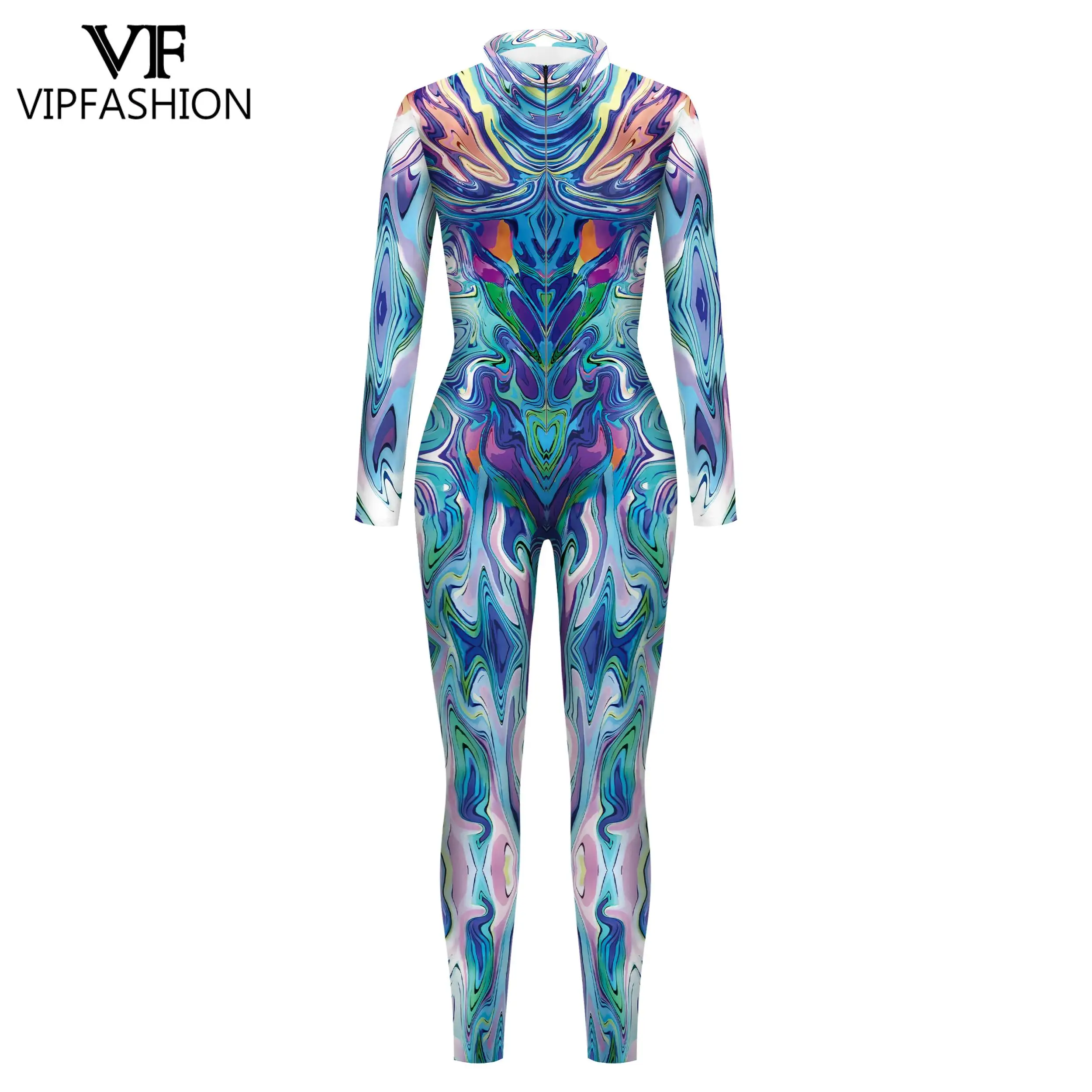 VIP FASHION Abstract Art Zentai Suit for Men Front Zipper Cosplay Costume Carnival Party Catsuit Male Sexy Jumpsuit Clothes