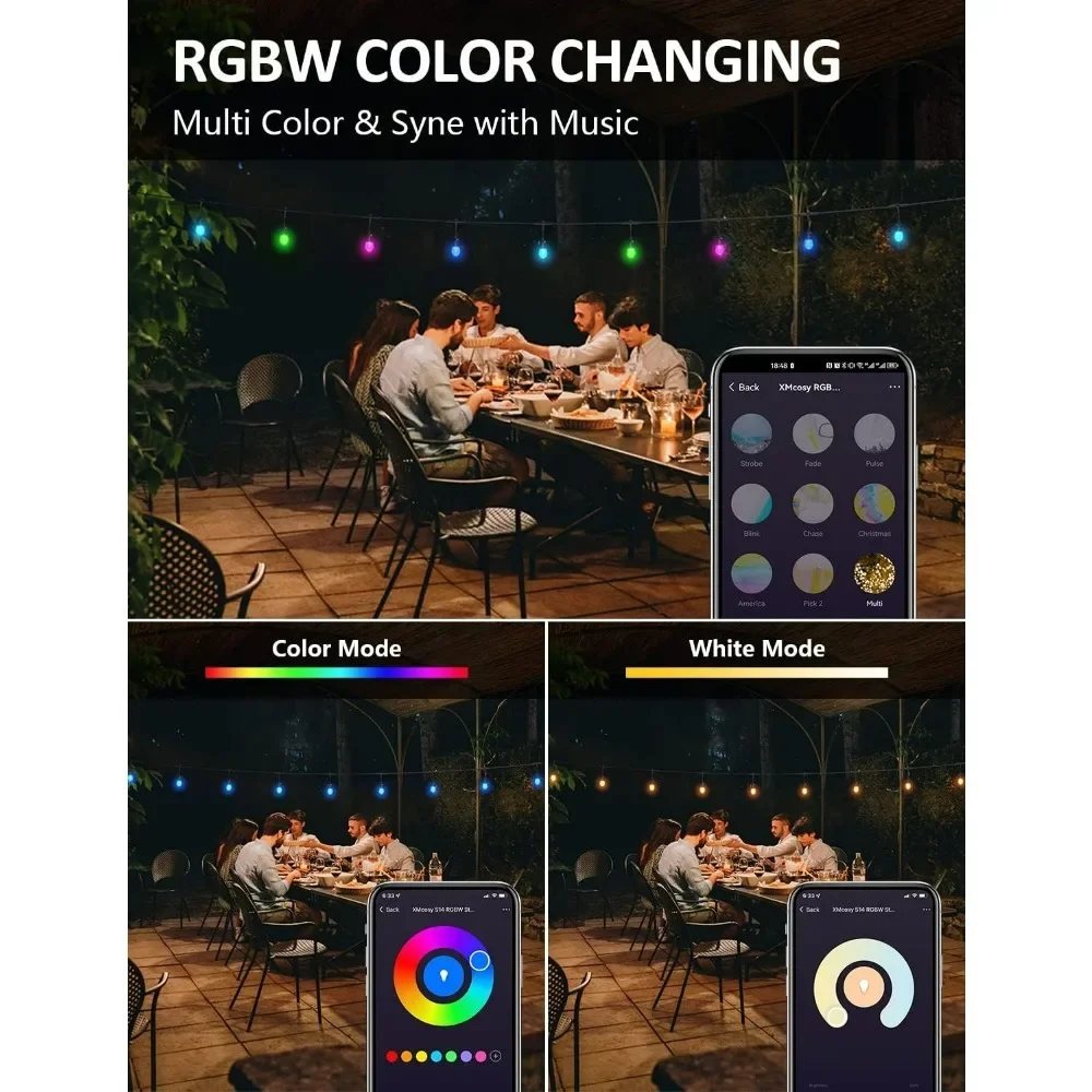 Tira de luces LED RGB para Patio, iluminación inteligente que cambia de Color, para exteriores, con 40 bombillas acrílicas, aplicación de Control WiFi, funciona con Alexa, 123ft