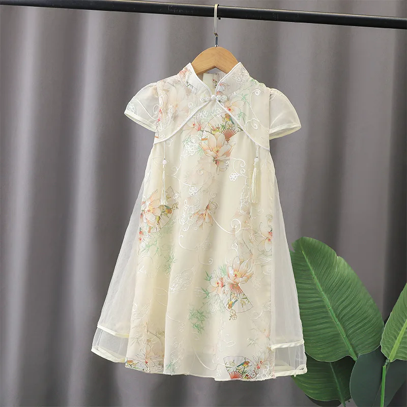 Baby Girl Summer Qipao Chinese Tradition Style Kids Flower Printing Tang Costume 2-10 Years Loose Sleeves Dress Birthday Gift