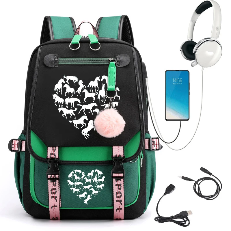 Bolsa de escola do anime do coração do cavalo para meninas, Mochila grande estudante, USB Bookbags, Sacos de desenhos animados, Estudante do ensino médio