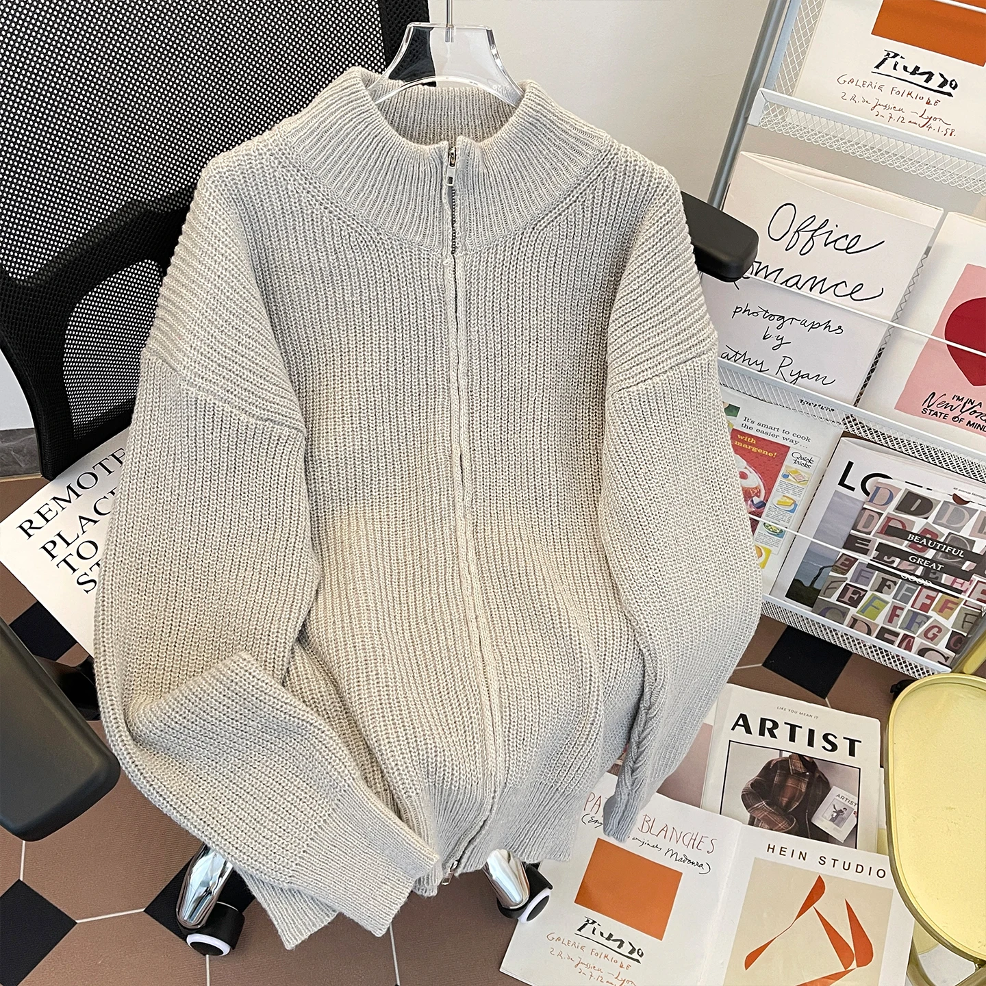 

ay Zipper Collar Knitted Cardigan Men's Autumn Winter Lazy Sle f High Collar Thiened Casual Knitwear Outerwear