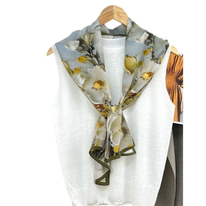 100% Mulberry Silk Women Crepe de Chine Floral Bright White Spring Summer Long Scarf Elegant Comfortable Skin Friendly Gift