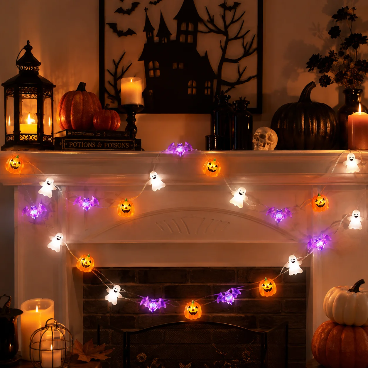 1 Stück 20/30 LED Halloween Kürbis Geist Fledermaus Lichterkette Batteriebetrieben Gruselige Feenlichter für Heimdekoration, Indoor-Party, Festivaldekoration – Detail 6
