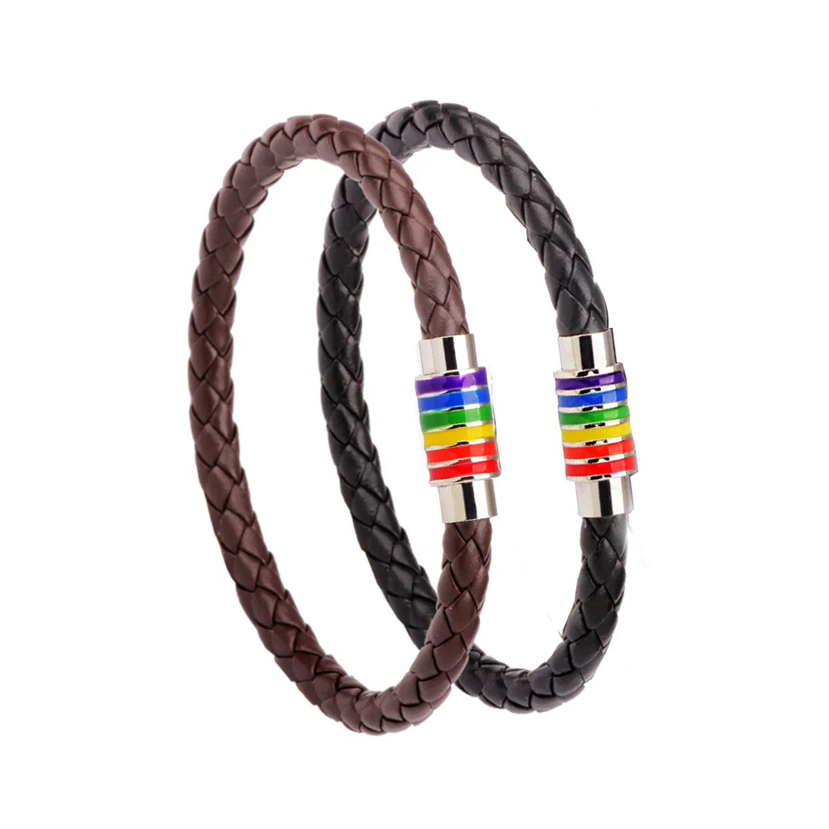 Handmade Black Brown Leather Rainbow Bracelets For Women Men Fashion Love Pride Magnetic Buckle Leather Bangle Couple Jewelry