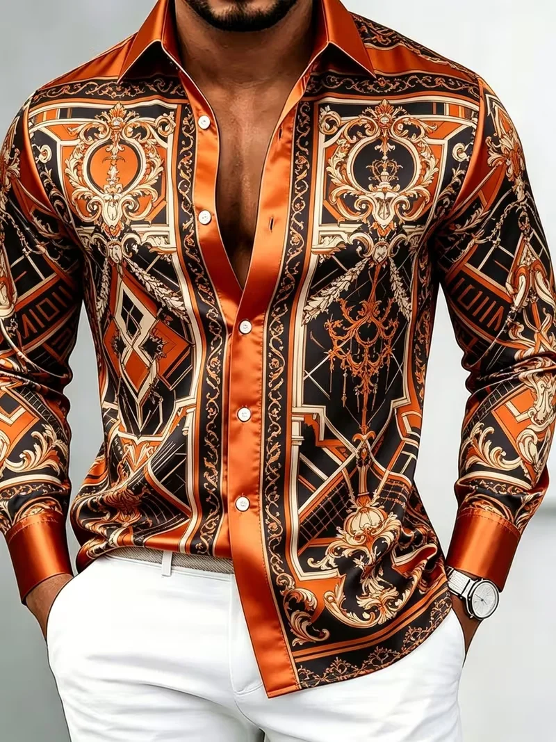 New Baroque Cartoon Little Dragon Splicing 3D Printed Long Sleeve Shirt Cowboy Collar Men's Top Clothing