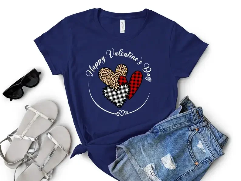 Happy Valentine's Day T-shirt Buffalo Plaid Leopard Heart Valentines Day Cute Top Valentines Day Gift  Women Cotton Goth Y2k Tee