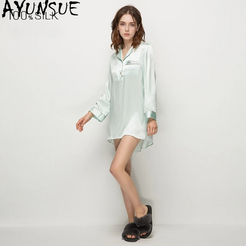 

AYUNSUE 100% Mulberry Silk Night Dress Women 16MM Silk Nighties 2026 Hot Selling Summer Shirtdress Sleepwear Pijama Feminino