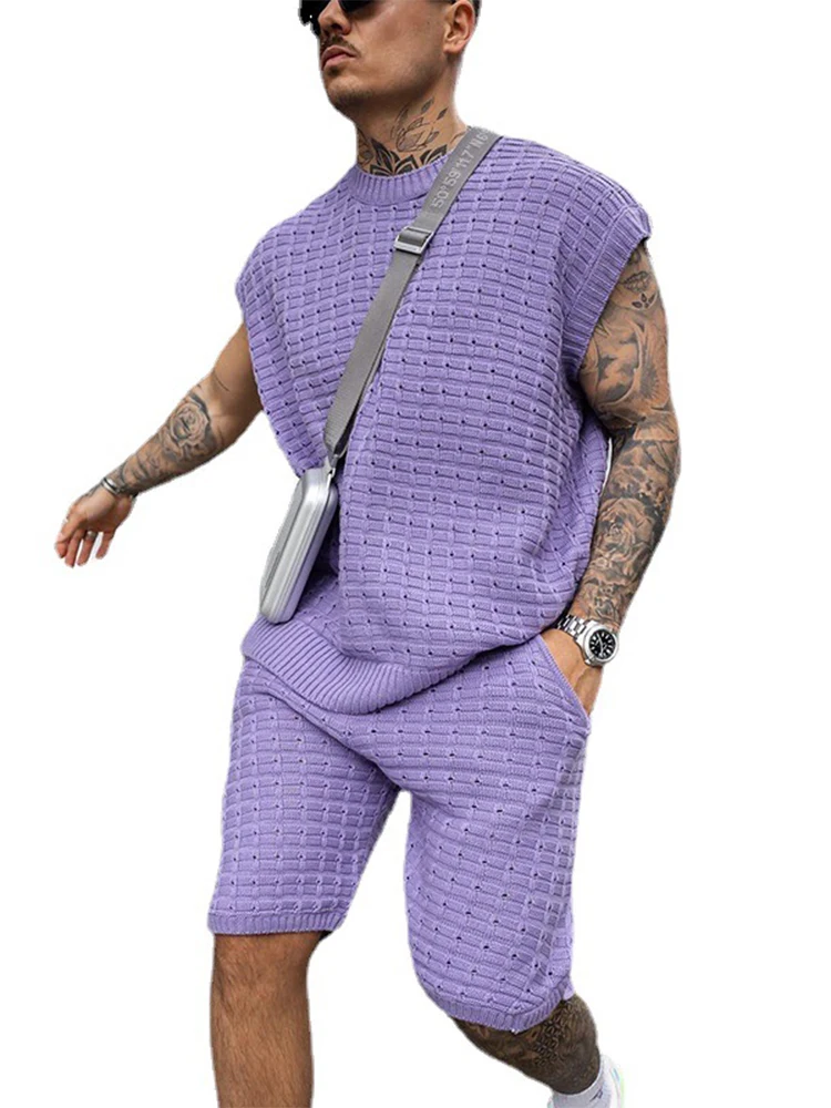 Streetwear 2022 Summer Men Fashion Outfits Knitted Solid Color Loose Two Piece Sets Mens Casual O Neck Pullover And Shorts Suits