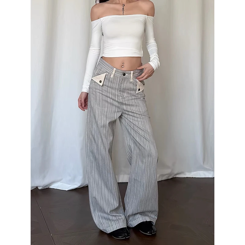 YIBASHU Women Gray Baggy Y2k Jeans American 2000s Style Stripe Jeans Pants Vintage Harajuku Oversize Denim Trousers Autumn 2026