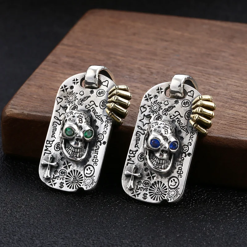 

925 sterling silver necklace pendant men's skull graffiti pendant Thai silver retro retro style personality punk jewelry