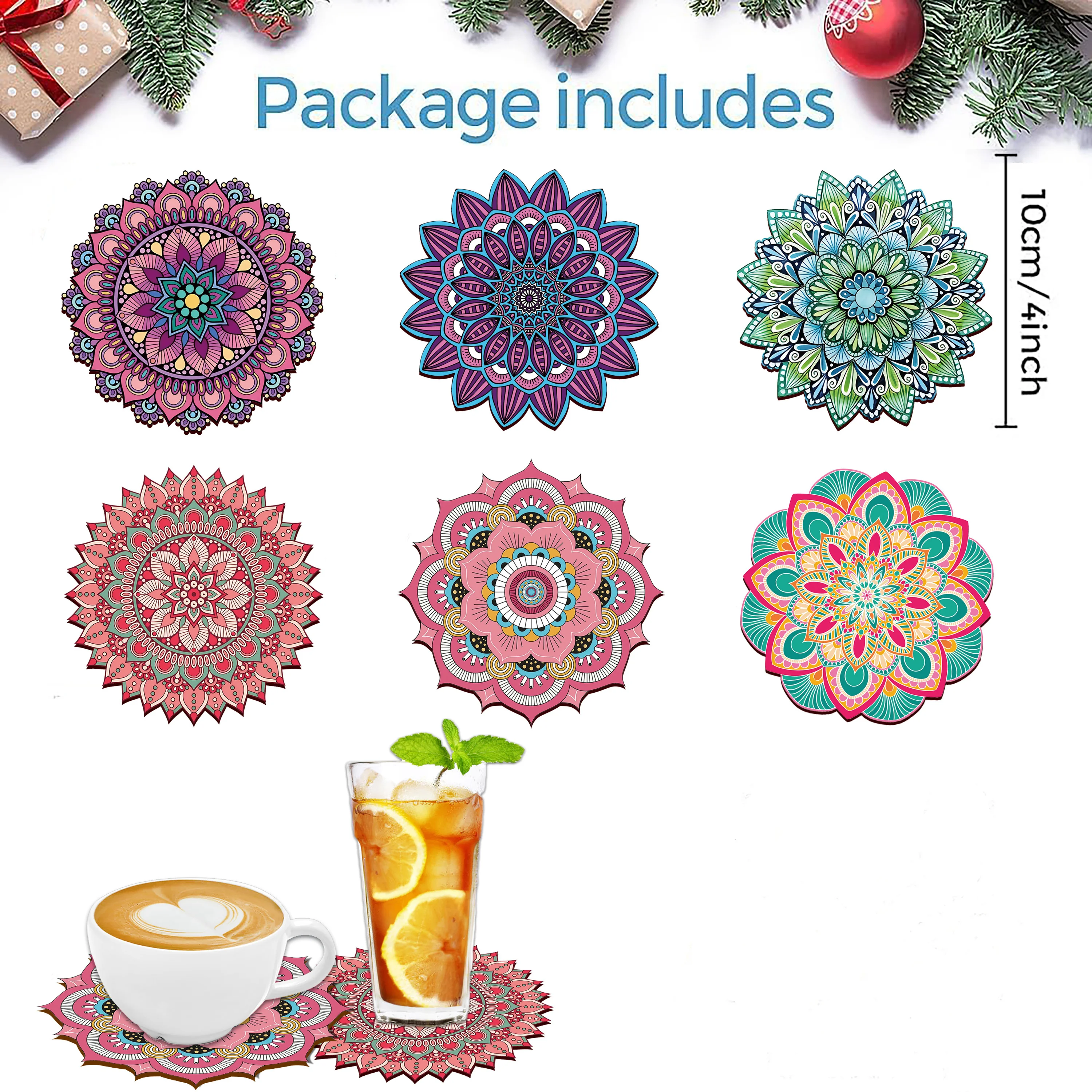 طقم قاعدة أكواب خشبية بتصميم زهور جميلة مكون من 6 قطع - حصيرة مشروبات مزخرفة مقاومة للحرارة للقهوة والشاي وما إلى ذلك. - مثالي للمنزل