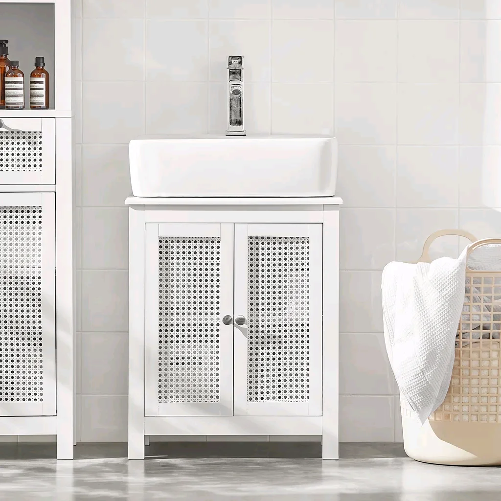 

！@Combohome Wooden Rattan Under Sink Bathroom Cabinet with 2 Doors Vanity for Bathroom