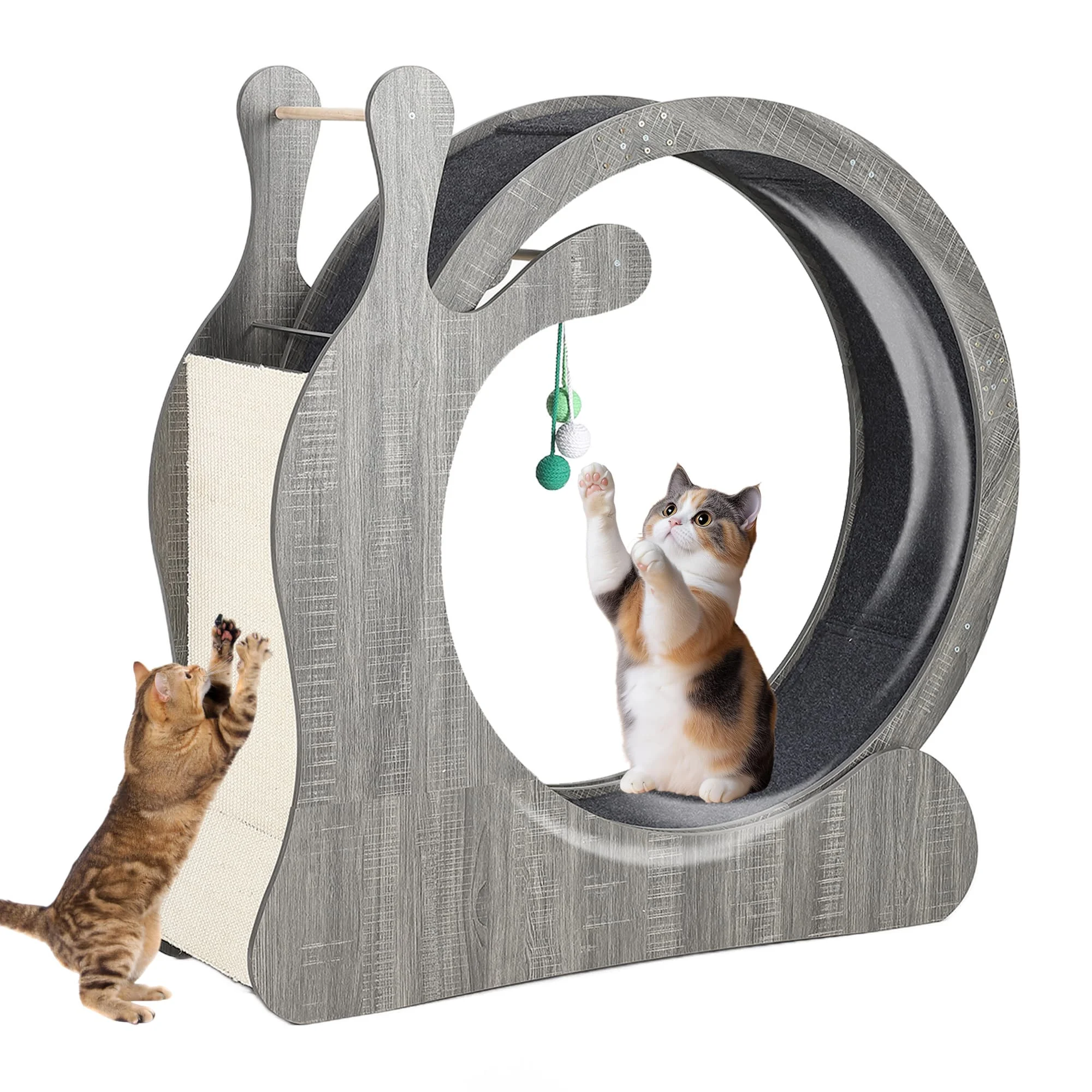 Großes Geräuschloses Katzen-Laufrad für Wohnungskatzen, Holz-Laufrad mit Sisal-Kratzmatte, Hängespielzeug, Rutschfester Basis, Teppich-Laufband