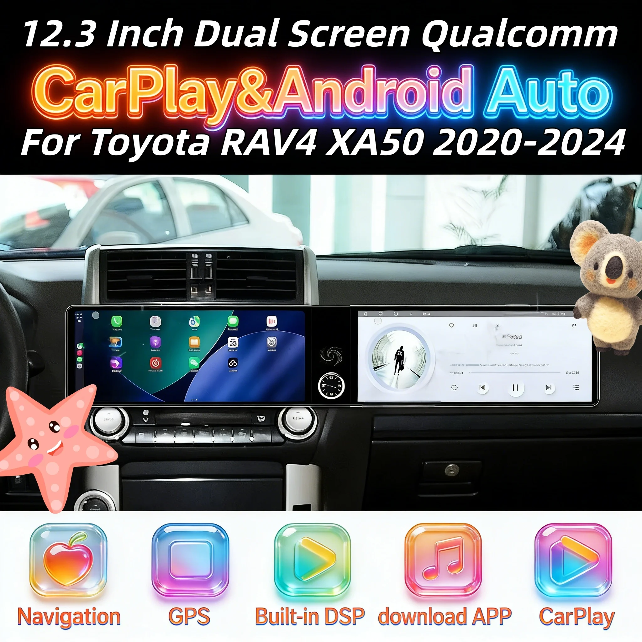 

Dual 12.3" Multimedia Wireless CarPlay Auto For Toyota RAV4 XA50 2020 2021-2024 Android 13 Car Radio 4G wifi Navigation GPS