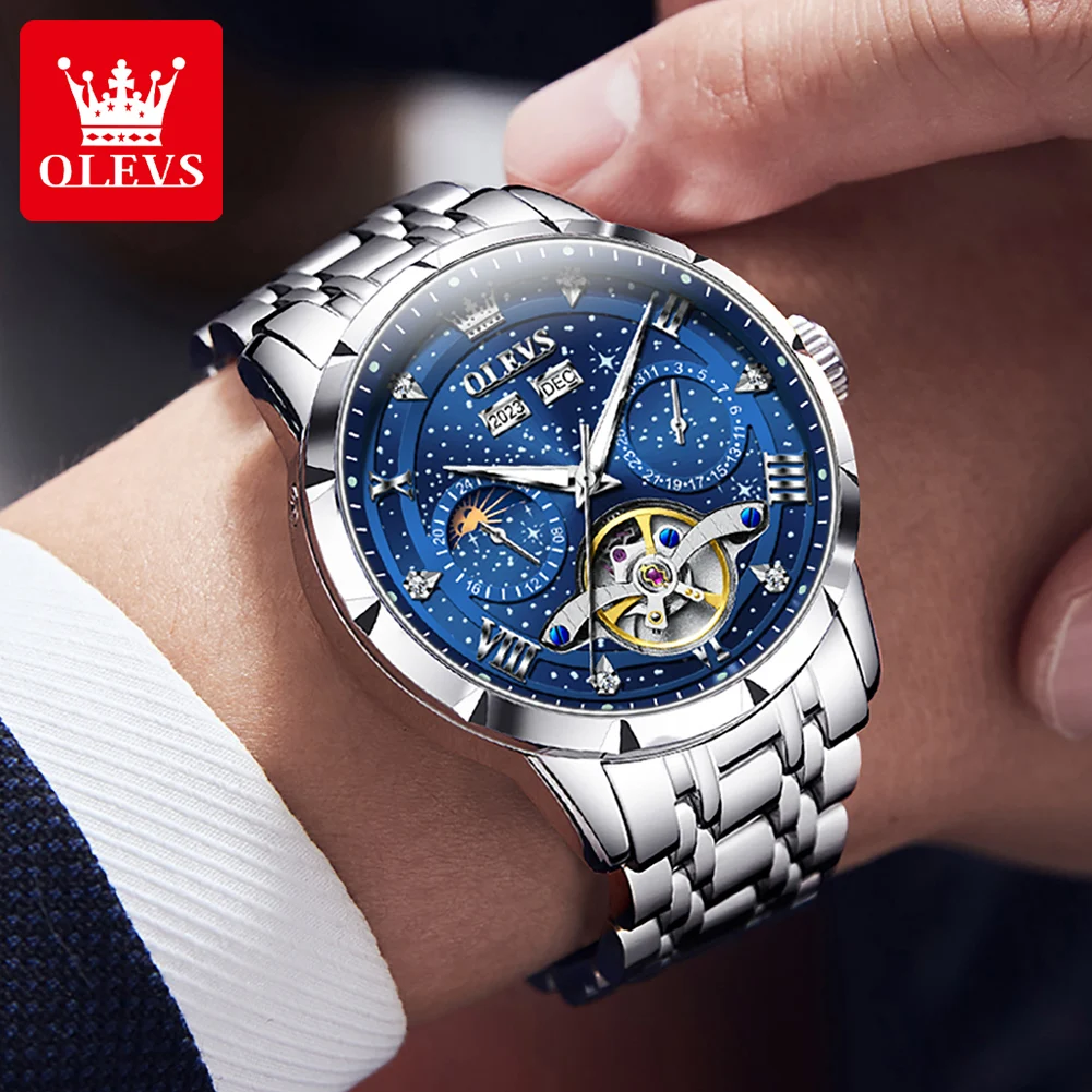 OLEVS Automatic Watches for Men Luxury Starry Sky Dial Skeleton Flywheel Chronograph Waterproof Moon Phase Mechanical Wristwatch