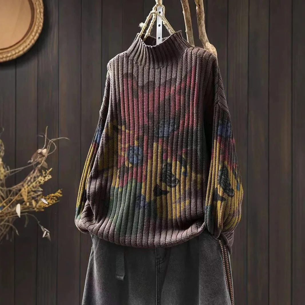 ملابس تريكو أنيقة بطباعة زهور للنساء ذات نوعية جيدة فضفاضة غير رسمية بأكمام طويلة نصف الياقة المدورة ملابس تريكو نسائية مريحة