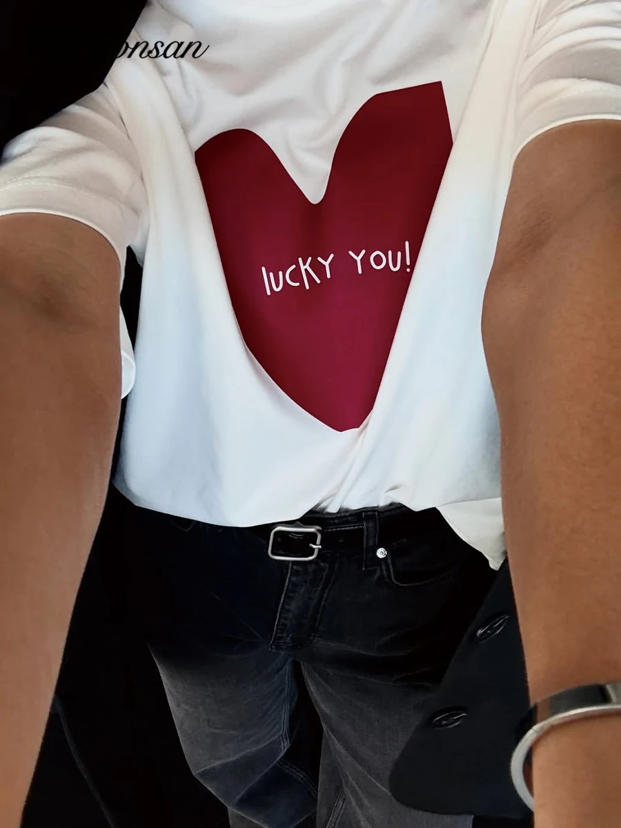 

Hirsionsan Vintage Chic "heart" Printed T Shirt Women Summer Cotton Soft Short Sleeve Tee Female Oversized Higt Street Top 2025