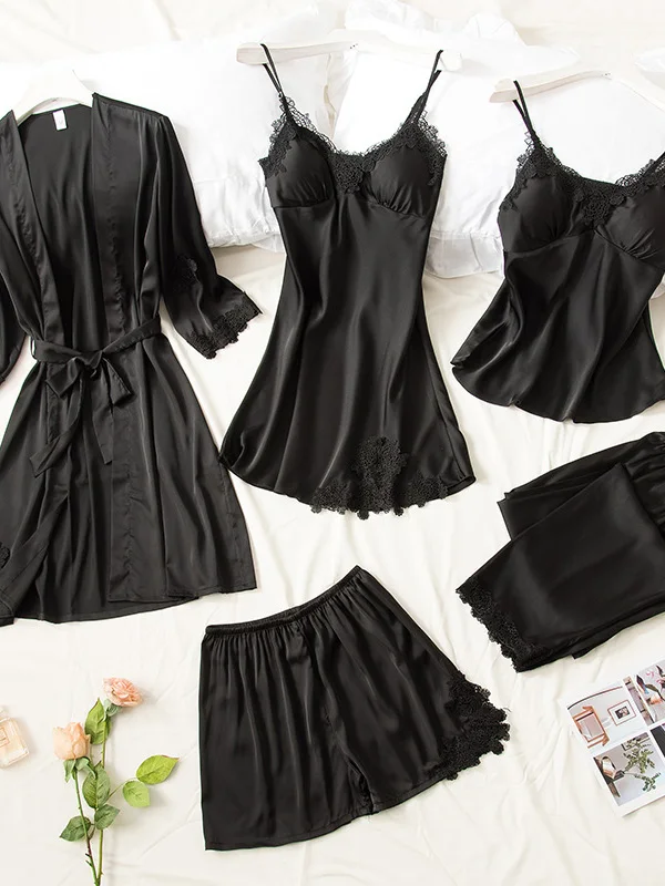 Ice Silk Sleepwear Women's Summer Five-Piece Set with Chest Pad Strap Sleep Dress Spring Autumn Simulation Silk Four-Piece Se...