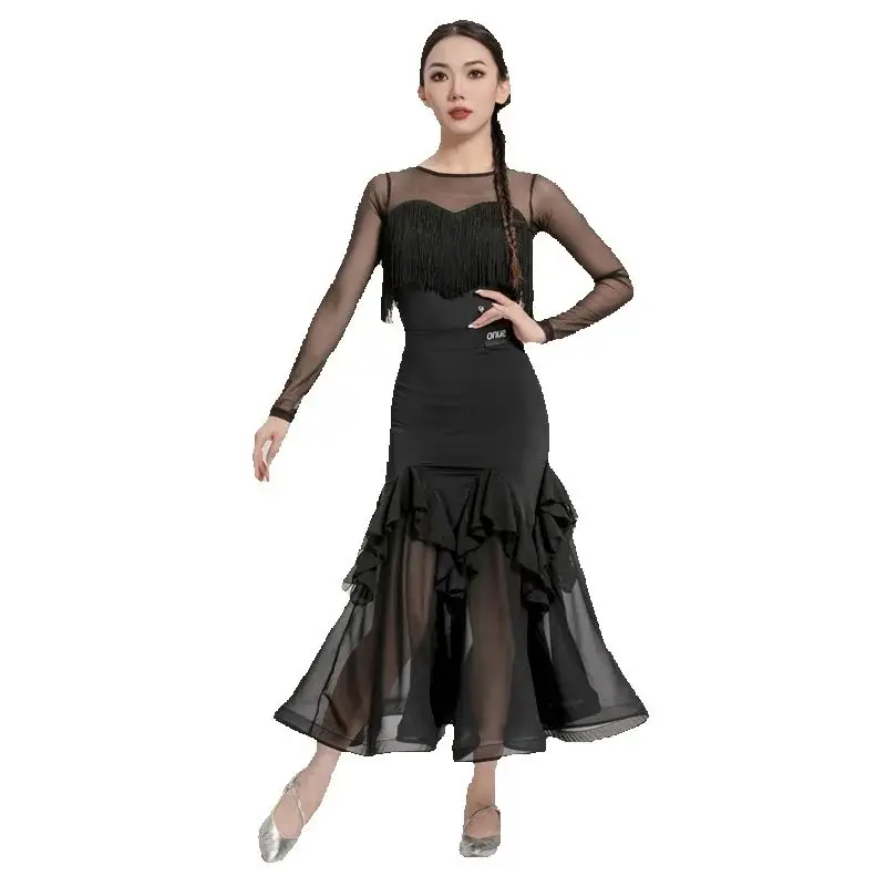 Adults Latin Dance Competition Dresses Women'S Ballroom Dance Costume Mesh Sleeves Latin Top Modern Dancing Skirt SL12899