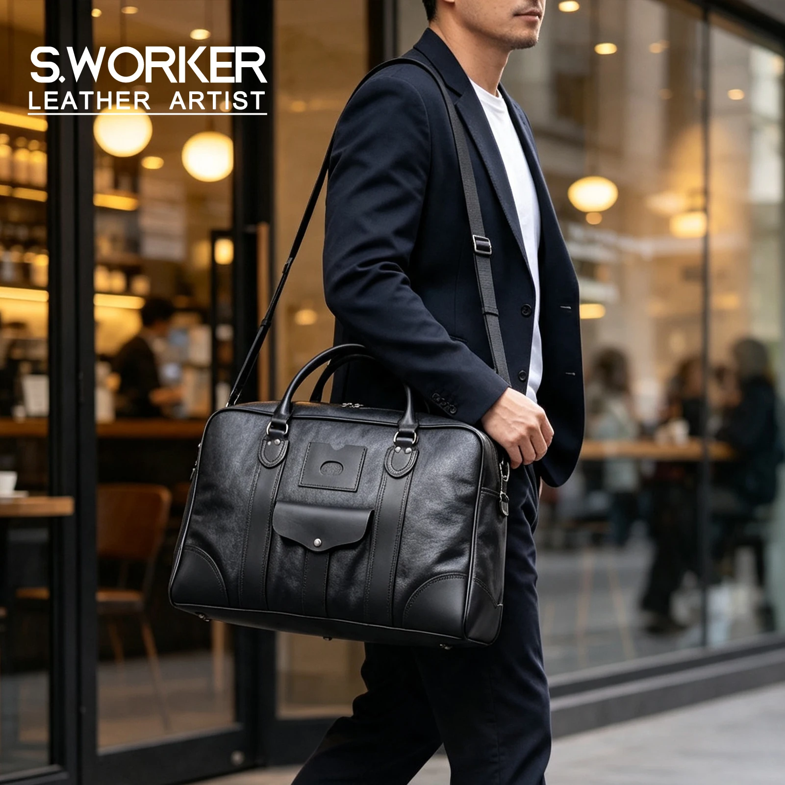 S.WORKER Vintage Reisetasche aus hochwertigem, pflanzlich gegerbtem Leder, Herren-Weekender-Reisetasche, Sporttasche für Outdoor-Reisen – Detail 2