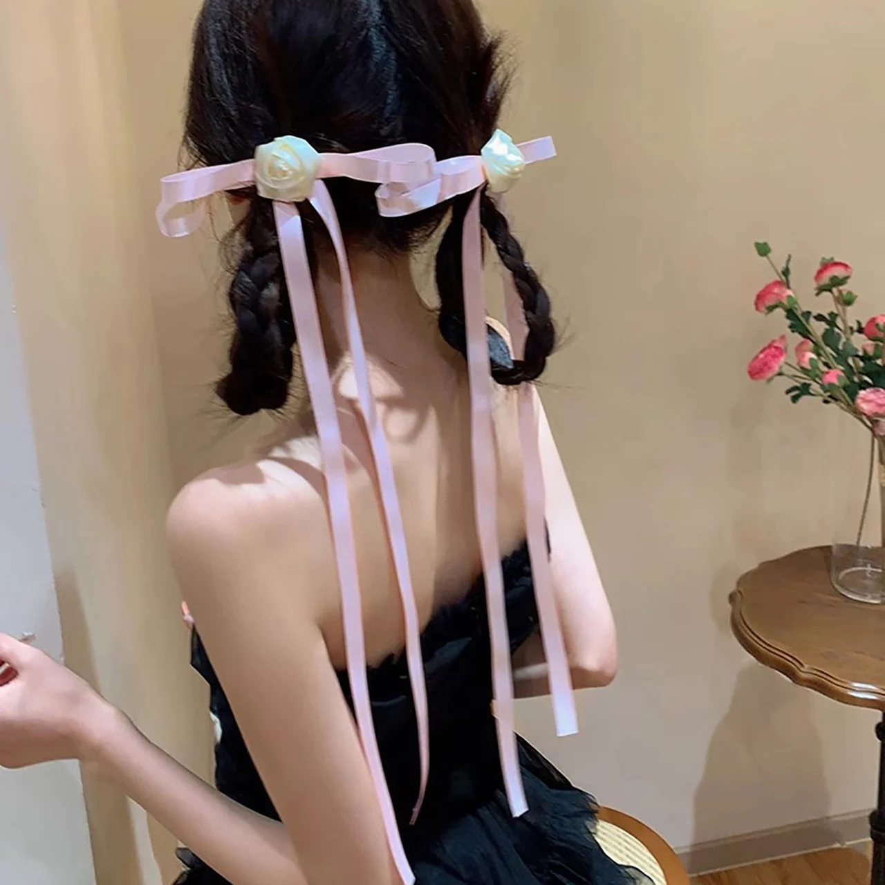 2pc/set Rose Ribbon Bow Hair Clip for Women Tassel Braided Barrette Fairy Girl Headwear Sweet Kids Hair Accessories Back of Head