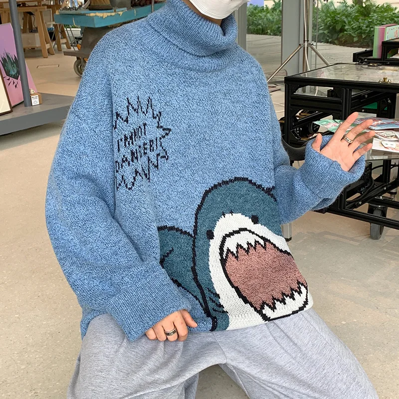 

Men Turtlenecks Shark Sweater Men 2022 Winter Patchwor Harajuku Korean Style High Neck Oversized Grey Turtleneck for Men Thick