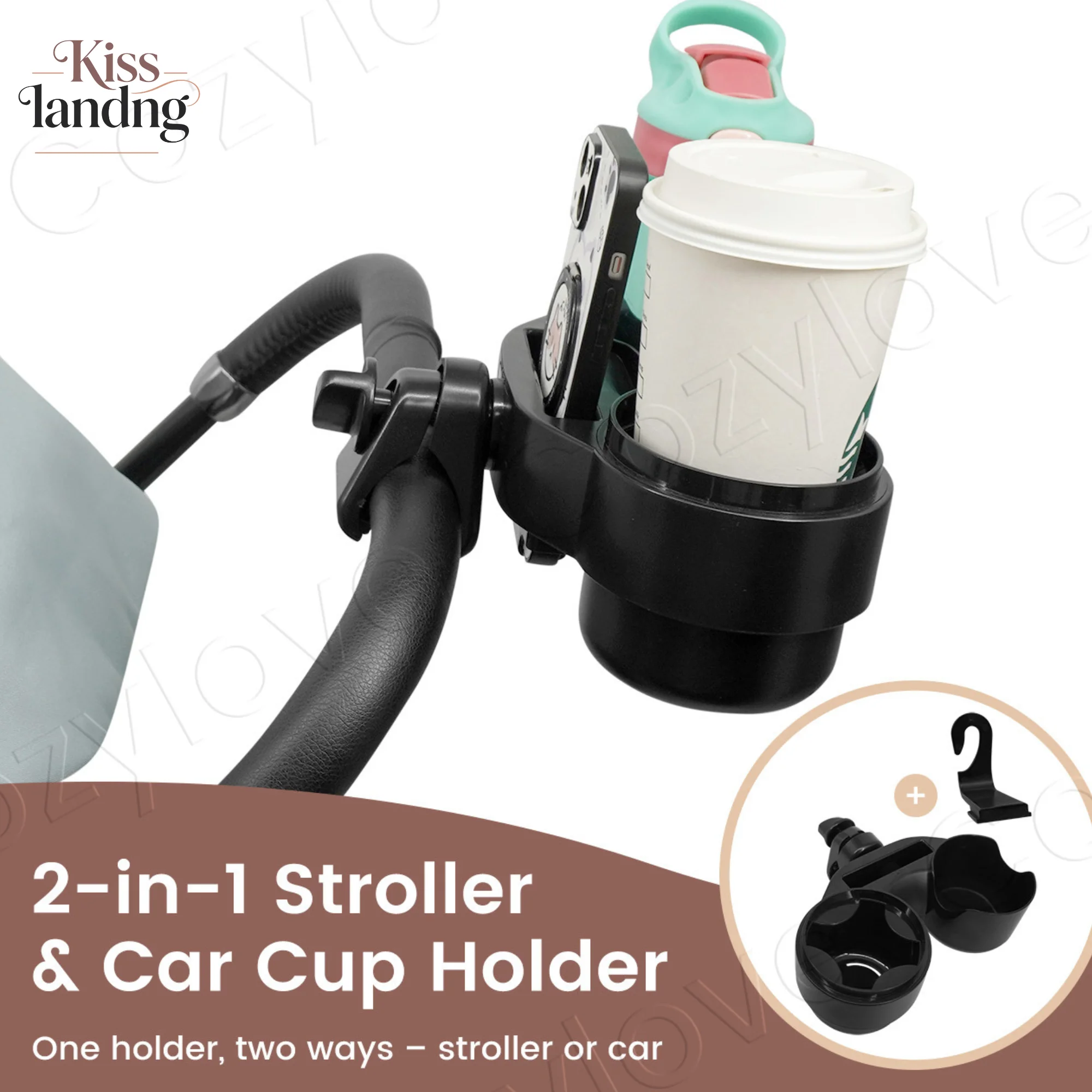 2-in-1 Stroller & Car Headrest Cup Holder, Dual Slot Drink Bottle Organizer, Universal Adjustable Stroller Holder with Hook