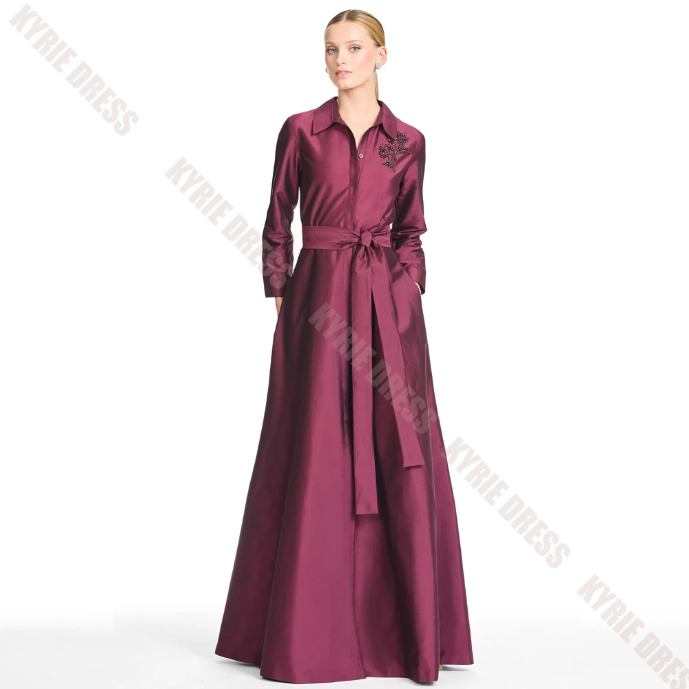 Modern Mother of The Bride Dress Customized Lapel Full Sleeve Crystal Beading Satin Women Wedding Guest Dress Party Evening Gown