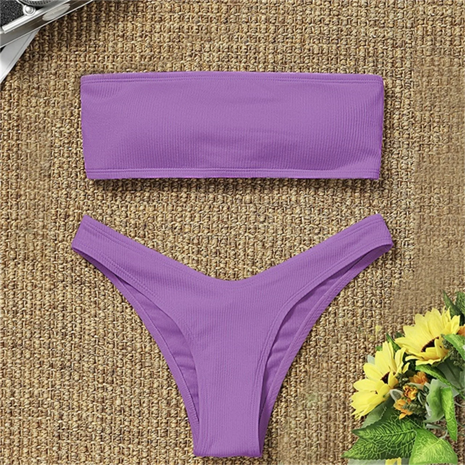 Conjunto de Bikini sin tirantes para mujer, bañador Sexy de cintura alta, traje de baño acolchado, de Color puro monokini, novedad de 2022