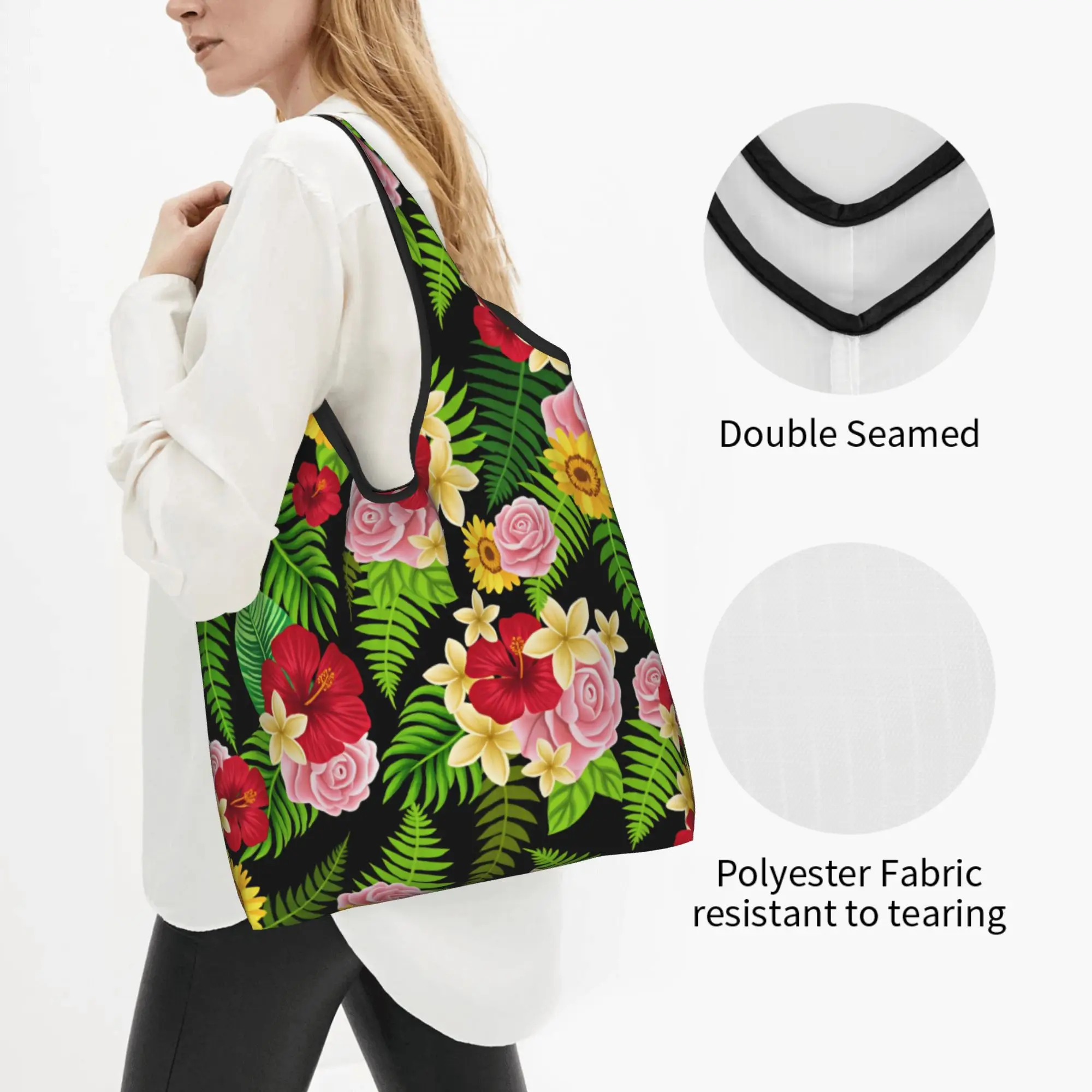 Recycling Palm Leaves And Flowers Tropical Plants Shopping Bag Women Tote Bag Portable  Grocery Shopper Bags