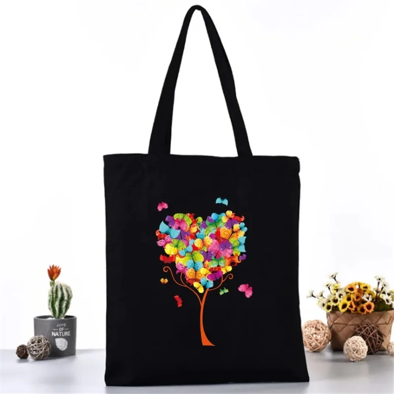 Colorful Butterfly Heart Tree Print Canvas Tote Bag Black Aesthetic Shoulder Bag Casual Handbag for Women