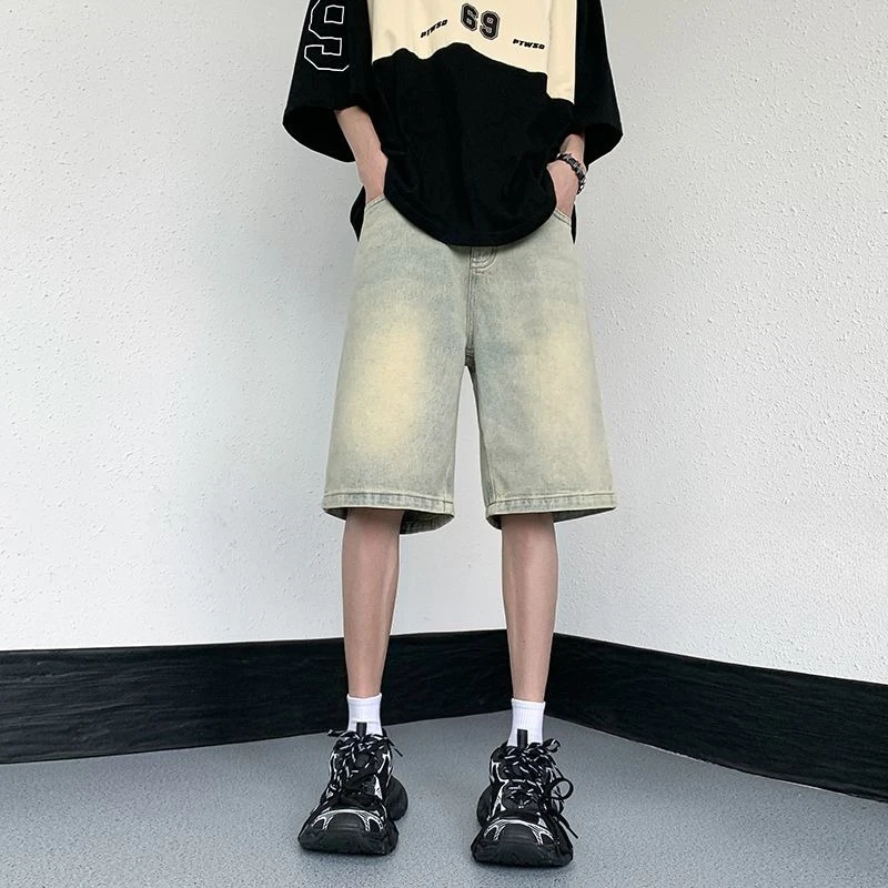 

Men's Summer Denim Shorts Knee Length Baggy Straight Leg Loose Fit Casual Streetwear Trendy Male Shorts Lightweight