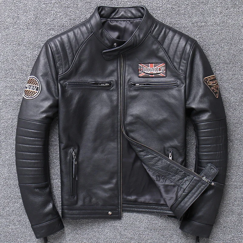 

YR!Free shipping.fashion motor biker genuine leather jacket.100% cowhide coat.mens plus size slim jackets,Popular sales