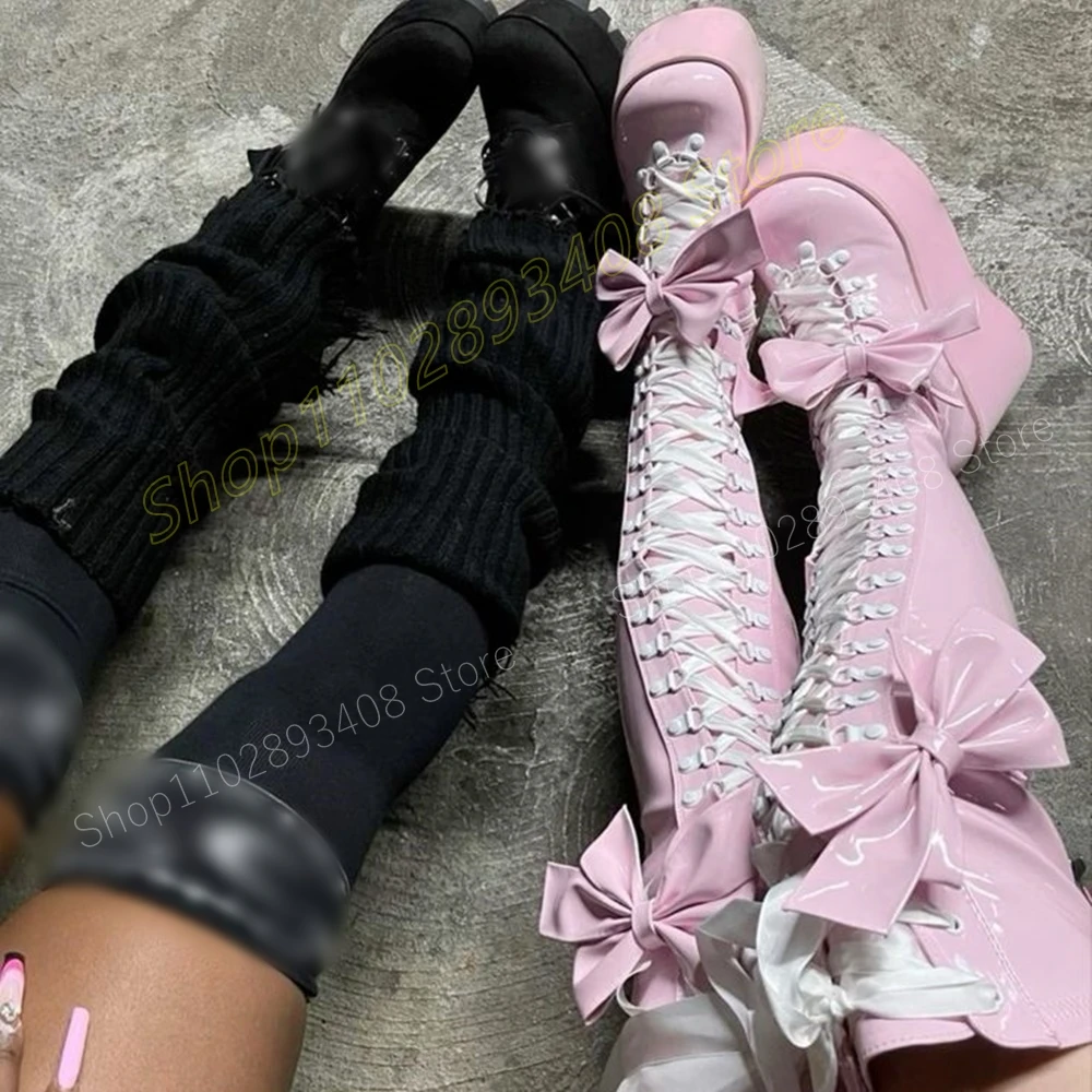 Baby Pink Butterfly Knot Decor Over the Knee Boots Round Toe Wedges High Heel Front Lace-up Patent Women Shoes 2024 Para Mujere