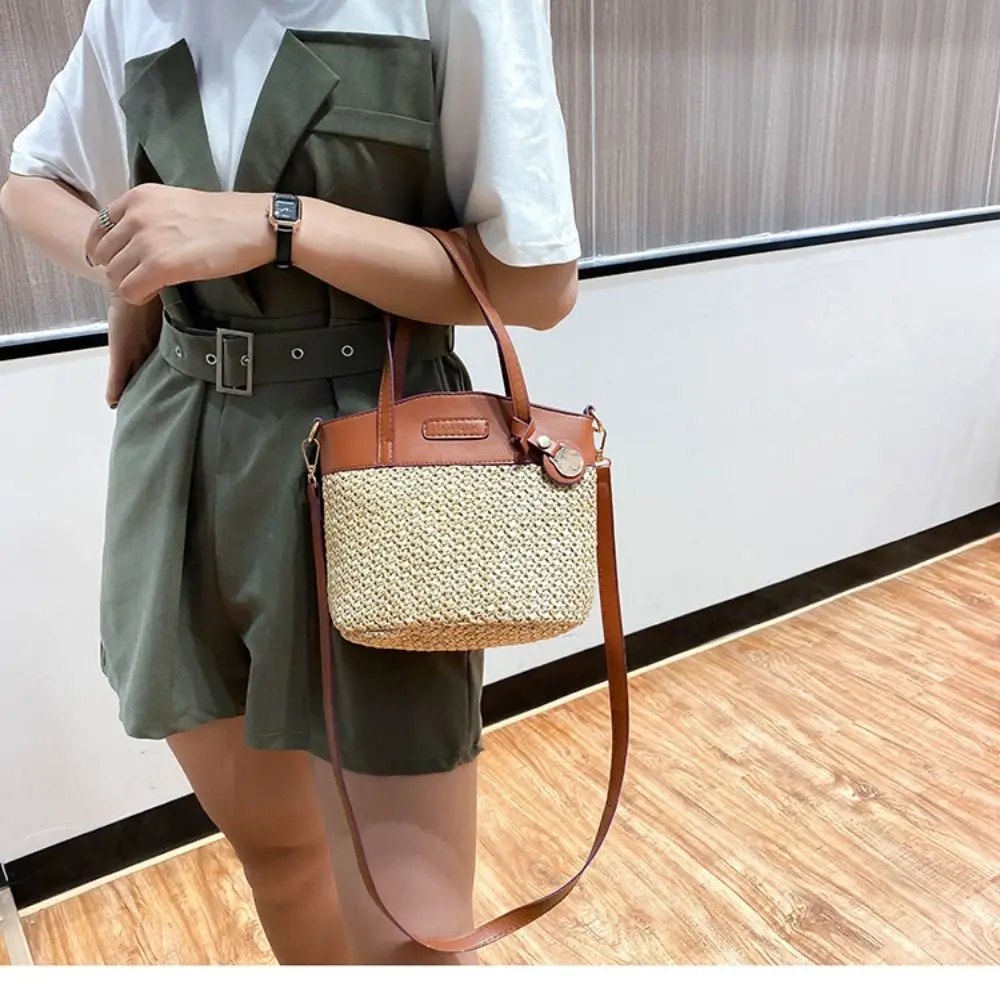 Straw Shoulder Bag New Pu Patchwork Handbags Purse Women