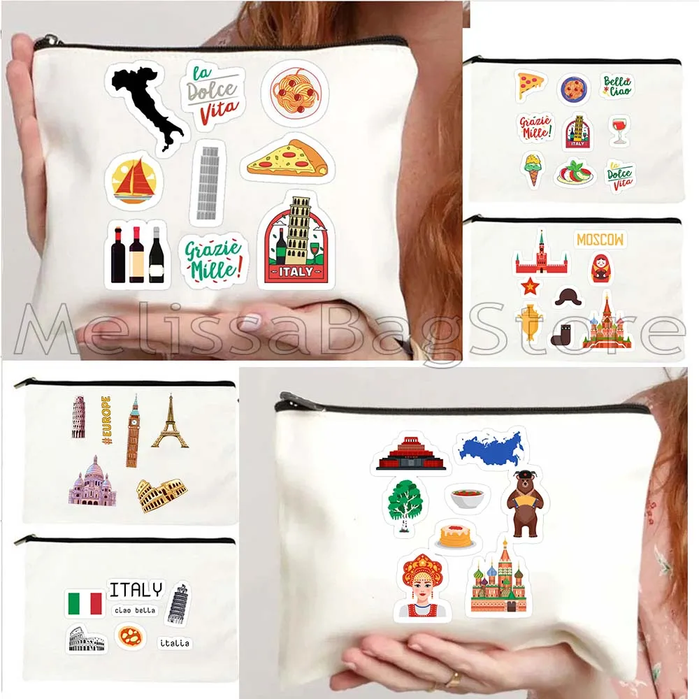Russia Thailand Iceland Malta South Korea United States Landmarks Travel Cute Gift Canvas Storage Cosmetic Bag Makeup Case Pouch