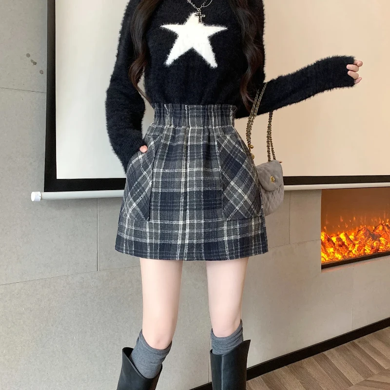 

Винтажный осенний шерстяной стиль в консервативном стиле, новая женская эластичная клетчатая юбка с высокой талией и карманами в Корейском стиле, милая сумка, короткая юбка трапециевидной формы на бедрах