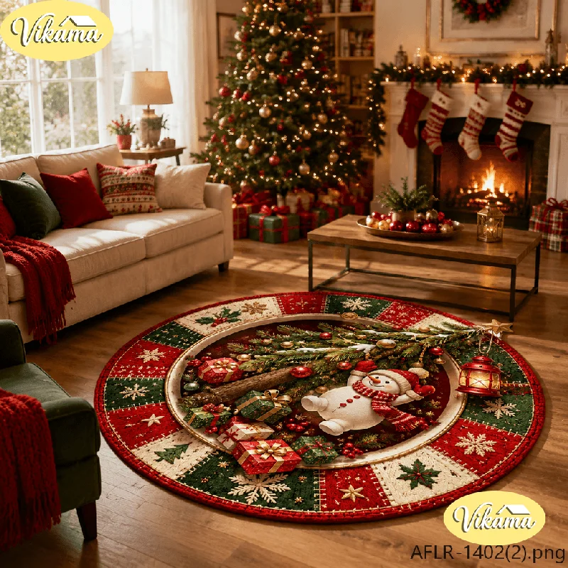 Sleigh, Lantern & Gift Christmas Flannel Snowman Round Rug, Non-Slip Washable Xmas Mat for Living Room Bedroom Nursery Kids Room