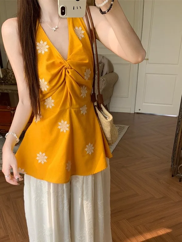 

plus Size Women's Pure Desire Knot Strap Vest Summer New Waist-Cinching Slimming Design Sleeveless Top Korean Style Commute