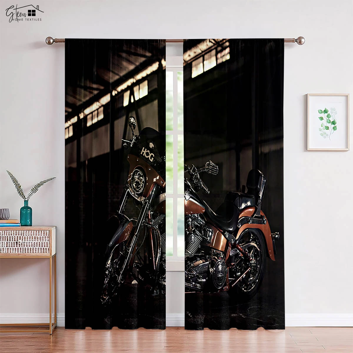 Retro Cool Motorcycle Curtain Trend Industrial Style Bedroom Living Room Car Wear Rod Pocket Easy To Wash Decorative Curtain